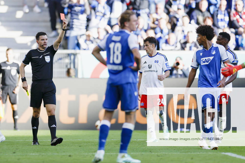 Schiedsrichter, Referee: Harm Osmers l. zeigt Bernardo (TSG Hoffenheim) r. die gelb rote Karte, Rote Karte für,Red card, Platzverweis, Ampelkarte im Bundesliga-Spiel zwischen der TSG 1899 Hoffenheim und dem Hamburger SV in der PreZero Arena, Sinsheim, Deutschland, am 10. Oktober 2026. in action during the Bundesliga match between TSG 1899 Hoffenheim and Hamburger SV at the PreZero Arena, Sinsheim, Germany, on October 10, 2026. DFB DFL REGULATIONS PROHIBIT ANY USE OF PHOTOGRAPHS AS IMAGE SEQUENCES AND OR QUASI-VIDEO,