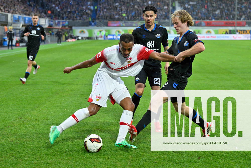 Paderborn, Home-Deluxe-Arena, 10.10.26, GER, Herren, 1.Bundesliga, Saison 2026-2027, SC Paderborn 07 - VfB Stuttgart Bild: v.li. im Zweikampf Jamie LEWELING (Stuttgart) und Mattes HANSEN (Paderborn) DFL regulations prohibit any use of photographs as image sequences and or quasi-video. Nordrhein-Westfalen Deutschland