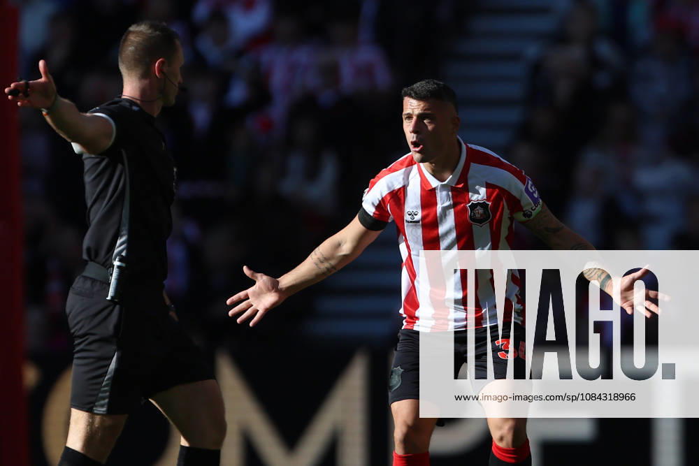10th October 2026; Stadium of Light, Sunderland, England; Premier League Football, Sunderland versus Brighton and Hove Albion; Granit Xhaka of Sunderland appeals to the referee DavexLofthouse