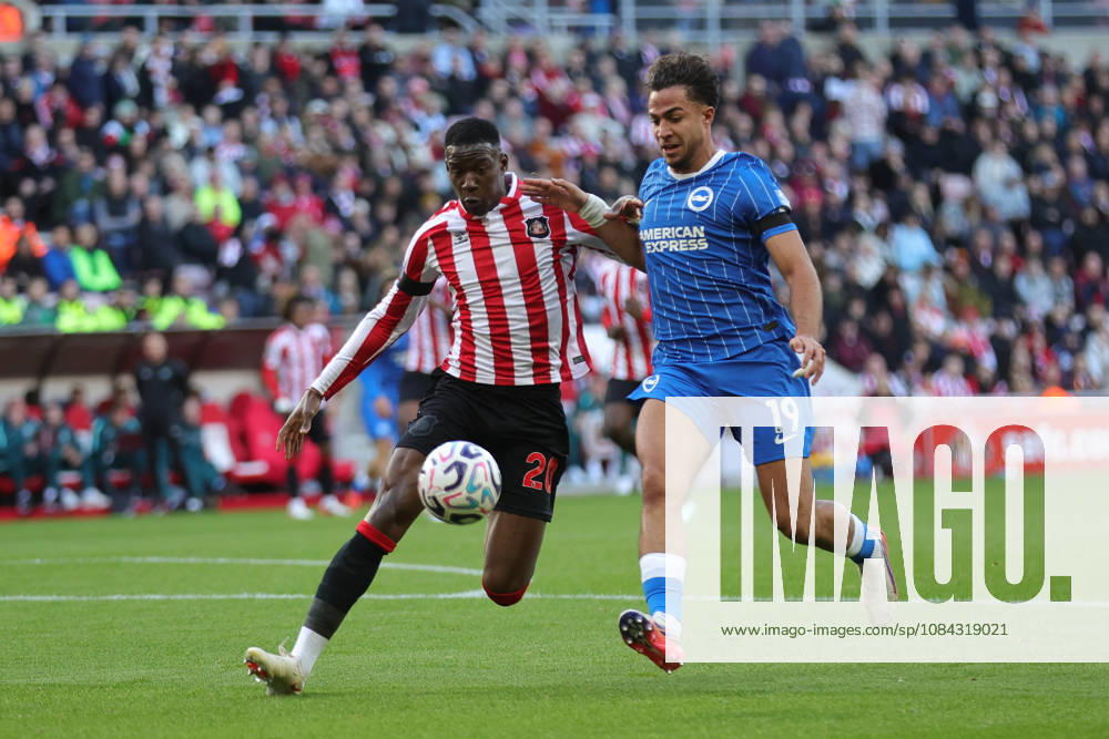 10th October 2026; Stadium of Light, Sunderland, England; Premier League Football, Sunderland versus Brighton and Hove Albion; Nordi Mukiele of Sunderland challenges Charalampos Kostoulas of Brighton and Hove Albion for the ball DavexLofthouse