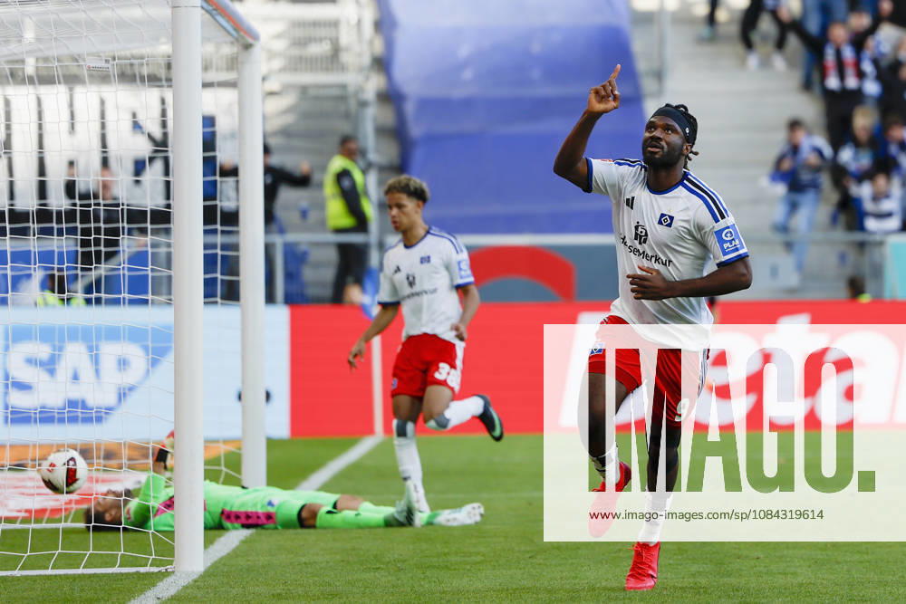 Torschuetze, Scorer Terem Moffi (HSV), Jubel nach seinem Tor zum 2:2, jubelnd, bejubelt, jubelt, jubeln, Cheers after the goal, cheering, celebrated, cheers, cheering, emotions im Bundesliga-Spiel zwischen der TSG 1899 Hoffenheim und dem Hamburger SV in der PreZero Arena, Sinsheim, Deutschland, am 10. Oktober 2026. in action during the Bundesliga match between TSG 1899 Hoffenheim and Hamburger SV at the PreZero Arena, Sinsheim, Germany, on October 10, 2026. DFB DFL REGULATIONS PROHIBIT ANY USE OF PHOTOGRAPHS AS IMAGE SEQUENCES AND OR QUASI-VIDEO,