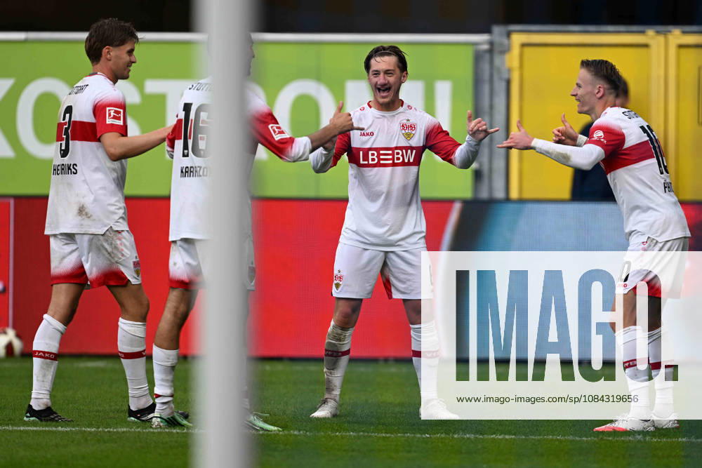 Paderborn, Home-Deluxe-Arena, 10.10.26, GER, Herren, 1.Bundesliga, Saison 2026-2027, SC Paderborn 07 - VfB Stuttgart Bild: Chris FUEHRICH (Stuttgart) jubelt nach seinem Tor zum 0:2 DFL regulations prohibit any use of photographs as image sequences and or quasi-video. Nordrhein-Westfalen Deutschland