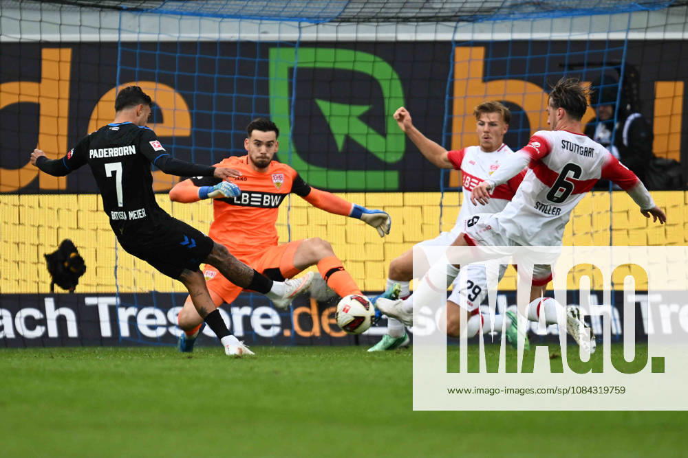 Paderborn, Home-Deluxe-Arena, 10.10.26, GER, Herren, 1.Bundesliga, Saison 2026-2027, SC Paderborn 07 - VfB Stuttgart Bild: Torchance Oliver BATISTA MEIER (Paderborn). Torwart Dennis SEIMEN (Stuttgart) pariert DFL regulations prohibit any use of photographs as image sequences and or quasi-video. Nordrhein-Westfalen Deutschland