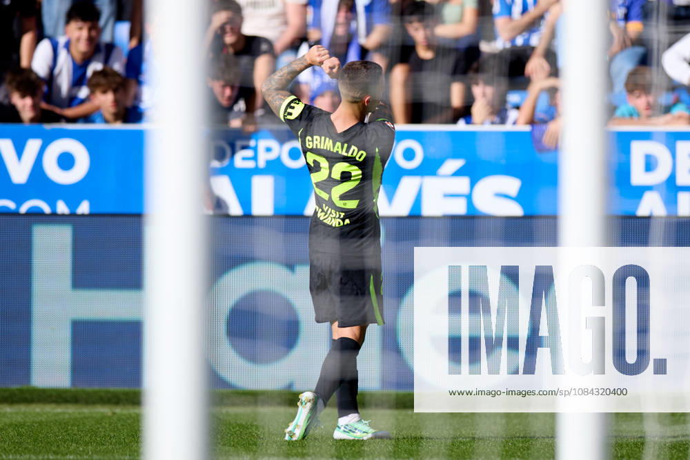 Alejandro Grimaldo of Atletico de Madrid celebrates after scoring the team s first goal during the LaLiga EA Sports match between Deportivo Alaves and Atletico de Madrid at Mendizorrotza on October 10, 2026, in Vitoria, Spain. Vitoria Spain - ZUMAa181 20261010_zaa_a181_042