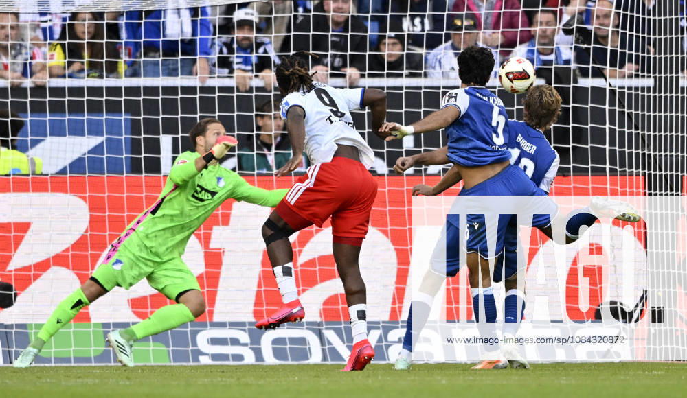 TOR zum 2:2 Terem Moffi Hamburger SV HSV (09) Torschuss Aktion Torchance Kopfballduell Zweikampf Aktion gegen Ozan Kabak TSG 1899 Hoffenheim (05) Wouter Burger TSG 1899 Hoffenheim (18) Torwart Oliver Baumann TSG 1899 Hoffenheim (01) TSG 1899 Hoffenheim vs Hamburger SV HSV 10.10.2026 DFL REGULATIONS PROHIBIT ANY USE OF PHOTOGRAPHS AS IMAGE SEQUENCES AND OR QUASI-VIDEO TSG 1899 Hoffenheim vs Hamburger SV HSV