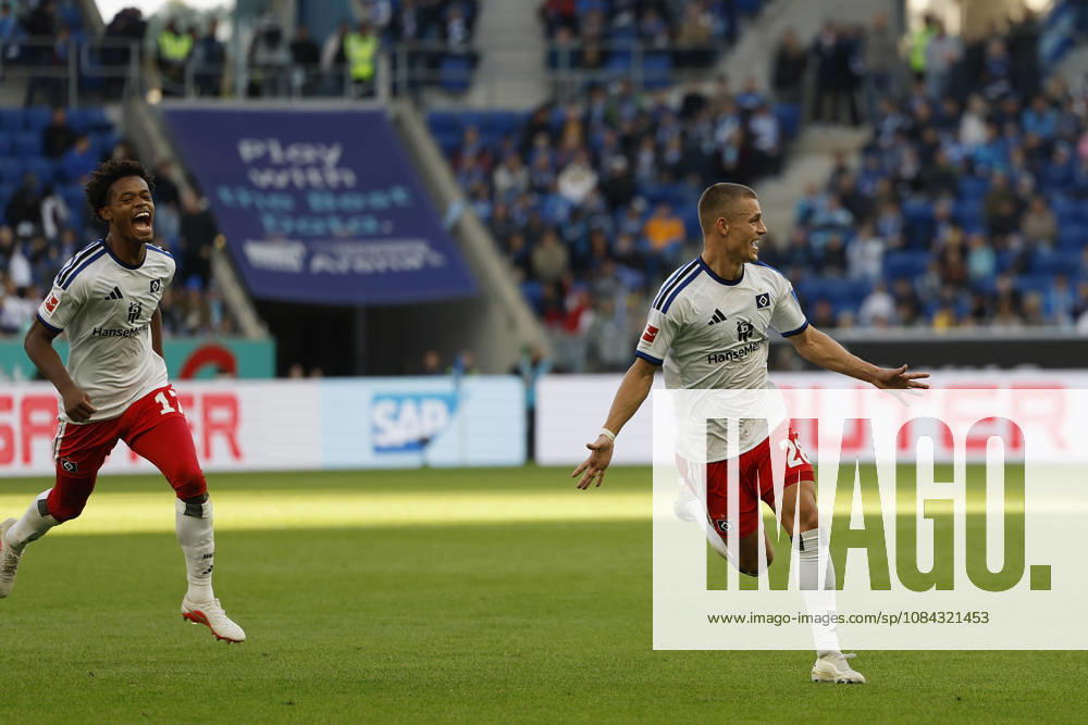 V.l.n.r. Warmed Omari (HSV) und Torschuetze, Scorer Miro Muheim (HSV), Jubel nach dem Tor zum 2:3, jubelnd, bejubelt, jubelt, jubeln, Cheers after the goal, cheering, celebrated, cheers, cheering, emotions: im Bundesliga-Spiel zwischen der TSG 1899 Hoffenheim und dem Hamburger SV in der PreZero Arena, Sinsheim, Deutschland, am 10. Oktober 2026. in action during the Bundesliga match between TSG 1899 Hoffenheim and Hamburger SV at the PreZero Arena, Sinsheim, Germany, on October 10, 2026. DFB DFL REGULATIONS PROHIBIT ANY USE OF PHOTOGRAPHS AS IMAGE SEQUENCES AND OR QUASI-VIDEO,