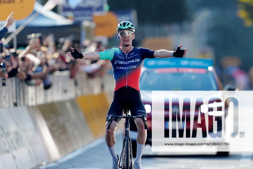 France s Paul Seixas of Decathlon CMA CGM Team celebrates as he cycles to the finish line to win during the 120th edition of the Il Lombardia, Tour of Lombardy cycling race, a 239 km one day race from Bergamo to Como on October 10, 2026, Italy.