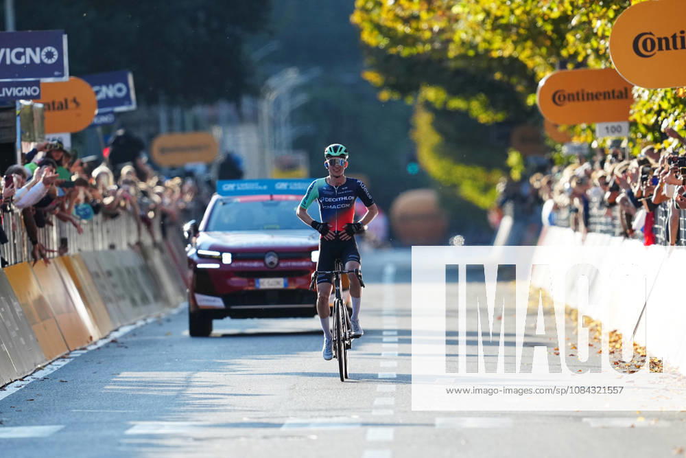 France s Paul Seixas of Decathlon CMA CGM Team celebrates as he cycles to the finish line to win during the 120th edition of the Il Lombardia, Tour of Lombardy cycling race, a 239 km one day race from Bergamo to Como on October 10, 2026, Italy.