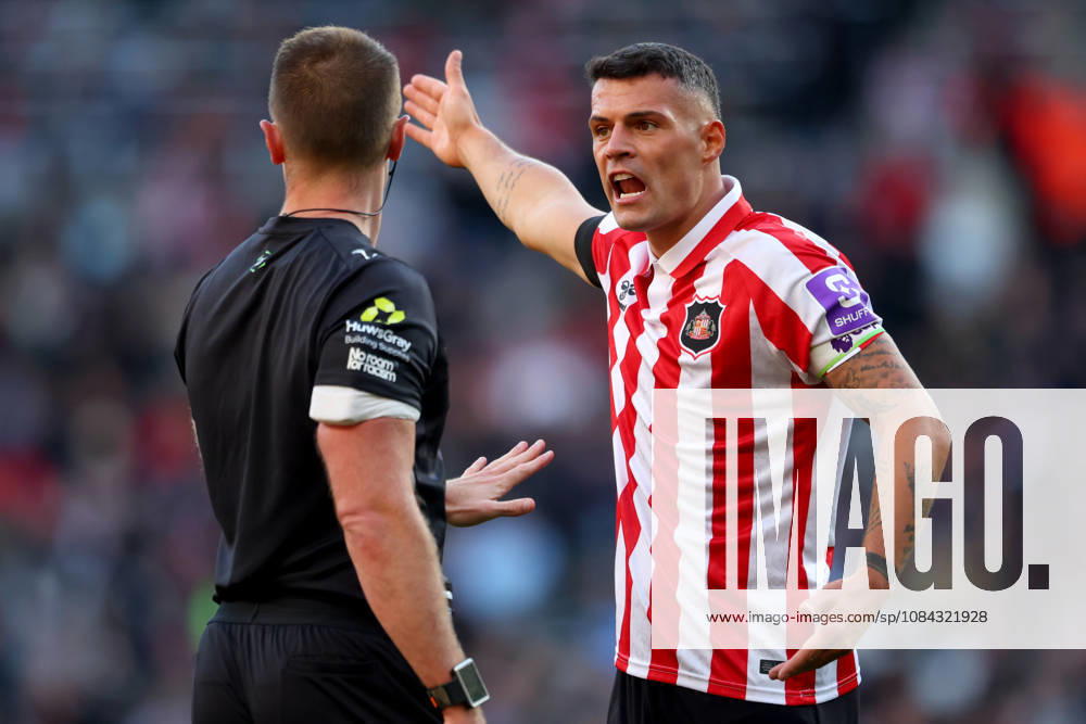 Sunderland v Brighton and Hove Albion - Premier League 2026 27 Granit Xhaka of Sunderland complains to referee Thomas Bramall during the Premier League 2026 27 match between Sunderland and Brighton & Hove Albion at Stadium of Light on October 10, 2026 in Sunderland, England. WARNING! This Photograph May Only Be Used For Newspaper And Or Magazine Editorial Purposes. May Not Be Used For Publications Involving 1 player, 1 Club Or 1 Competition Without Written Authorisation From Football DataCo Ltd. For Any Queries, Please Contact Football DataCo Ltd on +44 (0) 207 864 9121 Sunderland Stadium of Light England United Kingdom