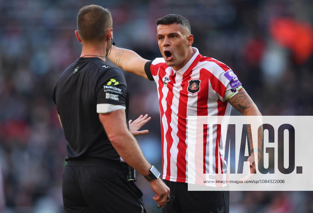 Sunderland v Brighton and Hove Albion - Premier League 2026 27 Granit Xhaka of Sunderland complains to referee Thomas Bramall during the Premier League 2026 27 match between Sunderland and Brighton & Hove Albion at Stadium of Light on October 10, 2026 in Sunderland, England. WARNING! This Photograph May Only Be Used For Newspaper And Or Magazine Editorial Purposes. May Not Be Used For Publications Involving 1 player, 1 Club Or 1 Competition Without Written Authorisation From Football DataCo Ltd. For Any Queries, Please Contact Football DataCo Ltd on +44 (0) 207 864 9121 Sunderland Stadium of Light England United Kingdom