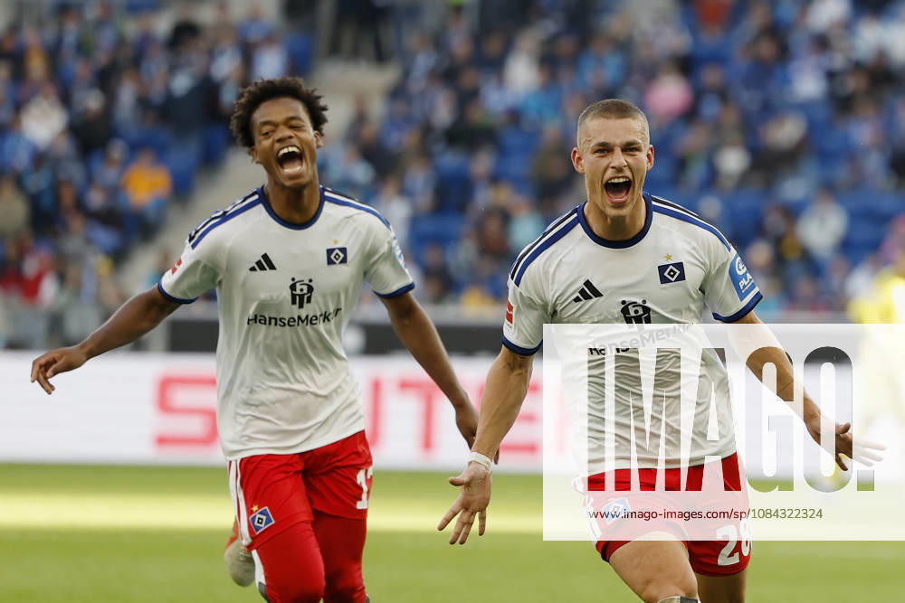 V.l.n.r. Warmed Omari (HSV) und Torschuetze, Scorer Miro Muheim (HSV), Jubel nach dem Tor zum 2:3, jubelnd, bejubelt, jubelt, jubeln, Cheers after the goal, cheering, celebrated, cheers, cheering, emotions: im Bundesliga-Spiel zwischen der TSG 1899 Hoffenheim und dem Hamburger SV in der PreZero Arena, Sinsheim, Deutschland, am 10. Oktober 2026. in action during the Bundesliga match between TSG 1899 Hoffenheim and Hamburger SV at the PreZero Arena, Sinsheim, Germany, on October 10, 2026. DFB DFL REGULATIONS PROHIBIT ANY USE OF PHOTOGRAPHS AS IMAGE SEQUENCES AND OR QUASI-VIDEO,