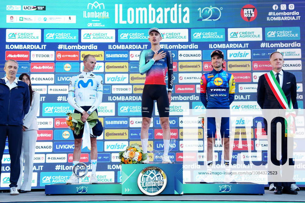 France s Paul Seixas of Decathlon CMA CGM Team first place winner, Spain s Enric Mas Nicolau of Movistar Team second place, Italy s Giulio Ciccone of Lidl-Trek third place, celebrates on the podium during the 120th edition of the Il Lombardia, Tour of Lombardy cycling race, a 239 km one day race from Bergamo to Como on October 10, 2026, Italy.