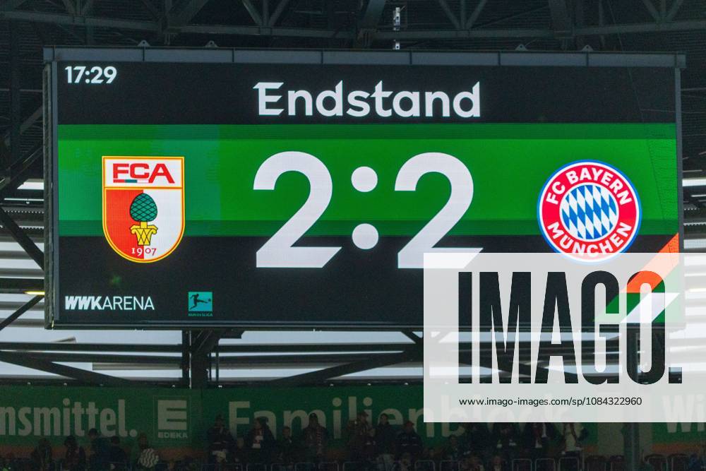 Anzeige mit Endstand 2:2, FC Augsburg vs. FC Bayer Muenchen, Fussball-Bundesliga, Fussball, 1. Bundesliga, 5. Spieltag, 10.10..2026 DFL regulations prohibit any use of photographs as image sequences and or quasi-video