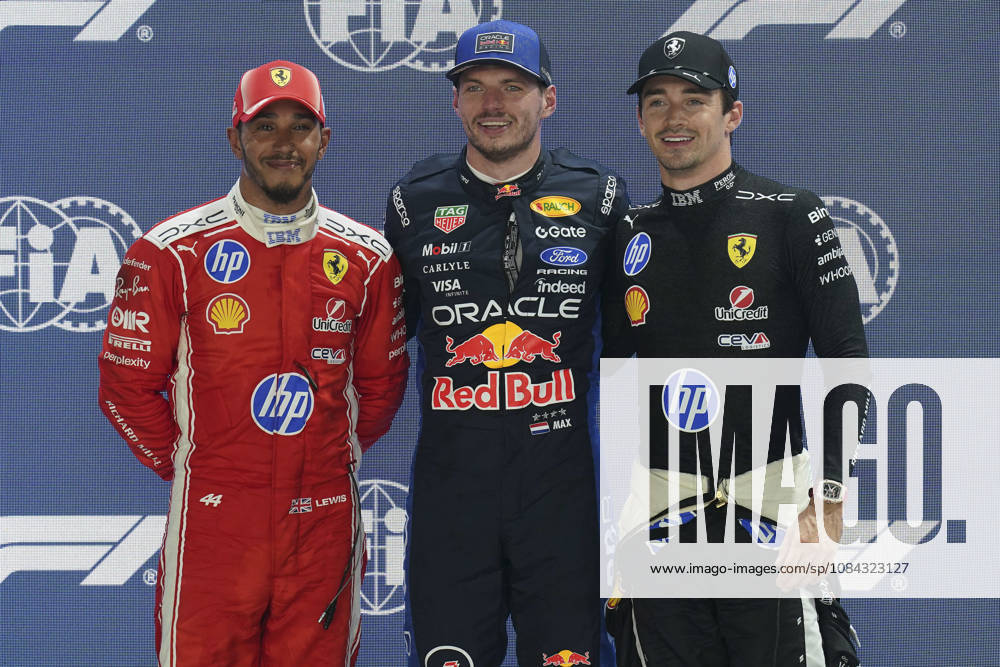 FORMULA 1 SINGAPORE AIRLINES SINGAPORE GRAND PRIX 2026 Max Verstappen (NED) 3 Red Bull Racing, Charles Leclerc (MON) 16 Ferrari and Lewis Hamilton (GBR) 44 Ferrari in parc ferme after qualifying during the Formula 1 Singapore Airlines Singapore Grand Prix 2026, Round 17 of the 2026 Formula 1 World Championship, WM, Weltmeisterschaft from 9th - 11th October 2026 at the Marina Bay Street Circuit, Singapore. Credit: Robbie Hoad Every Second Media Editorial use only. All images are copyright Every Second Media Limited. No images may be reproduced without prior permission.
