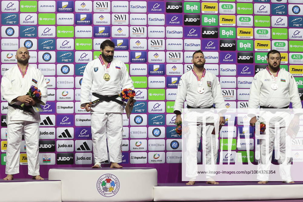 AZERBAIJAN, BAKU - OCTOBER 10, 2026: Azerbaijan s Ushangi Kokauri, Russia s Inal Tasoev, Czechia s Lukas Krpalek and Azerbaijan s Kanan Nasibov (L-R) celebrate their silver, gold and two bronze medals respectively during a victory ceremony for the men s heavyweight event as the 2026 World Judo Championships takes place at the National Gymnastics Arena 2026 World Judo Championships In Baku - ZUMAt113 20261010_zaa_t113_463