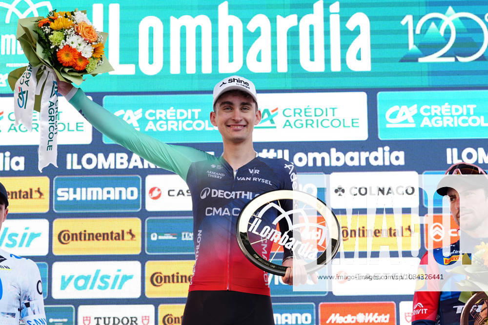 France s Paul Seixas of Decathlon CMA CGM Team first place winner, Spain s Enric Mas Nicolau of Movistar Team second place, Italy s Giulio Ciccone of Lidl-Trek third place, celebrates on the podium during the 120th edition of the Il Lombardia, Tour of Lombardy cycling race, a 239 km one day race from Bergamo to Como on October 10, 2026, Italy.
