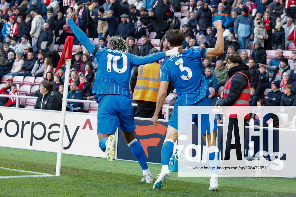 Sunderland v Brighton & Hove Albion, Premier League Georginio Rutter celebrates with goal scorer Jaouen Hadjam of Brighton 0-2 during the Sunderland v Brighton & Hove Albion Premier League match at the Stadium of Light, Sunderland, England on 10 October 2026 Credit: Craig Cowan Every Second Media Editorial use only. All images are copyright Every Second Media Limited. No images may be reproduced without prior permission. All rights reserved. Premier League and Football League images are subject to licensing agreements with Football DataCo Limited. see https: www.football-dataco.com
