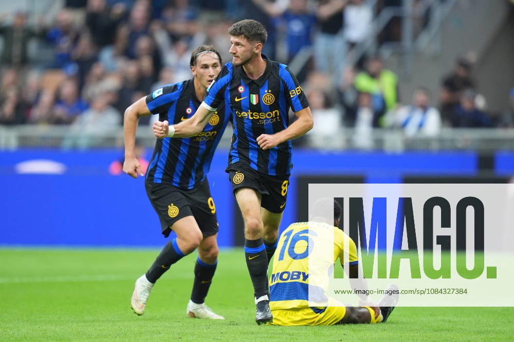 Inter Milans Petar Sucic celebrates after scoring 1-0 during the Serie A soccer match between Inter and Parma at San Siro Stadium in Milan , Italy - October 10 , 2026. - Soccer