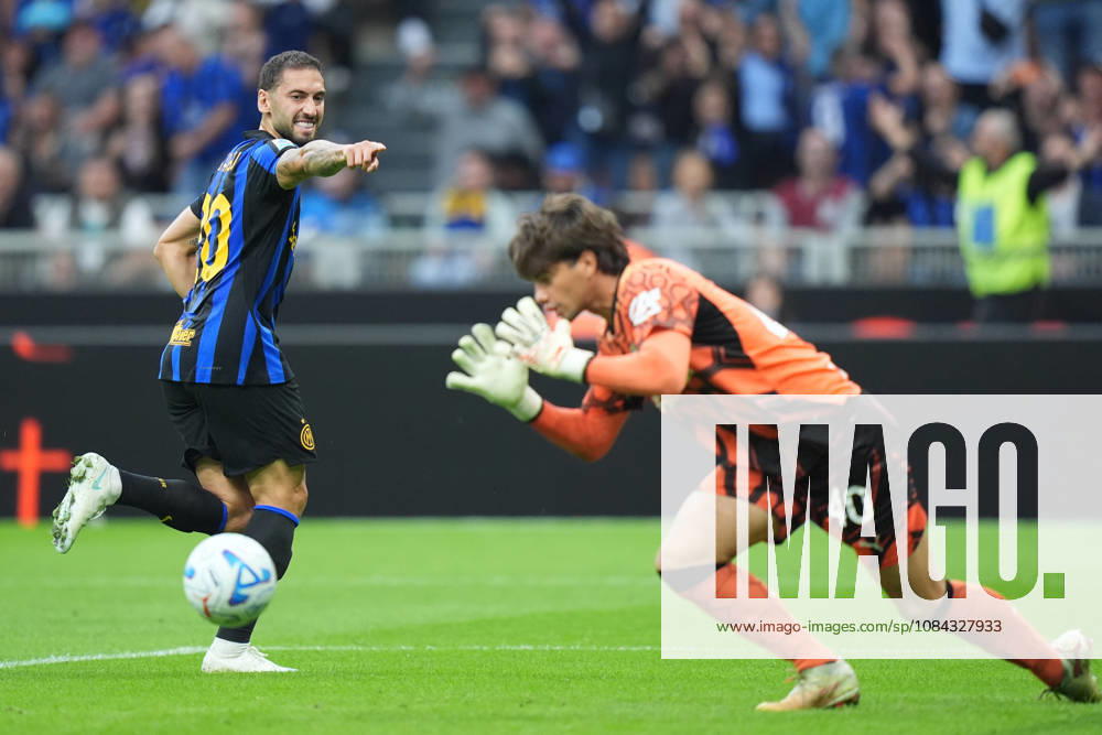 Inter Milan s Hakan Calhanoglu celebrates after scoring 2-0 during the Serie A soccer match between Inter and Parma at San Siro Stadium in Milan , Italy - October 10 , 2026. - Soccer