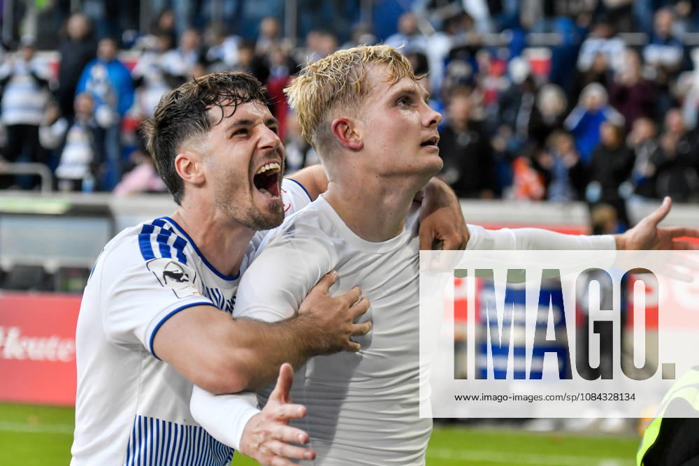 Peter Remmert (Duisburg 39) jubelt nach dem Tor zum 3:2 mit Tobias Fleckstein (Duisburg 5) 10.10.2026 ¢ Fussball ¢ MSV Duisburg vs TSG 1899 Hoffenheim II, Schauinsland-Reisen-Arena, Duisburg, DFB DFL REGULATIONS PROHIBIT ANY USE OF PHOTOGRAPHS AS IMAGE SEQUENCES AND OR QUASI-VIDEO NRW Germany