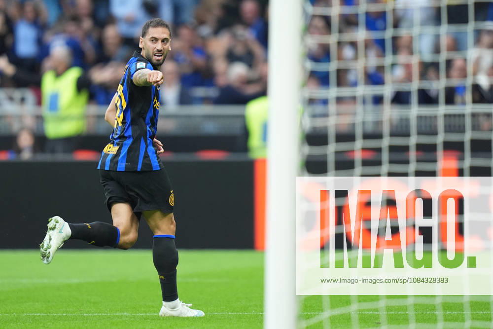 Inter Milan s Hakan Calhanoglu celebrates after scoring 2-0 during the Serie A soccer match between Inter and Parma at San Siro Stadium in Milan , Italy - October 10 , 2026. - Soccer