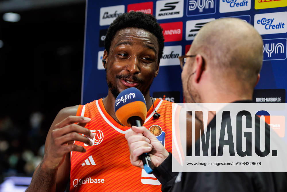 GER, BBL, easyCredit Basketball Bundesliga, Chemnitz, Niners Chemnitz - FC Bayern München Basketball Phlandrous Fleming Jr. (Niners Chemnitz, 1) beim Interview Chemnitz Messe Chemnitz Sachsen Deutschland
