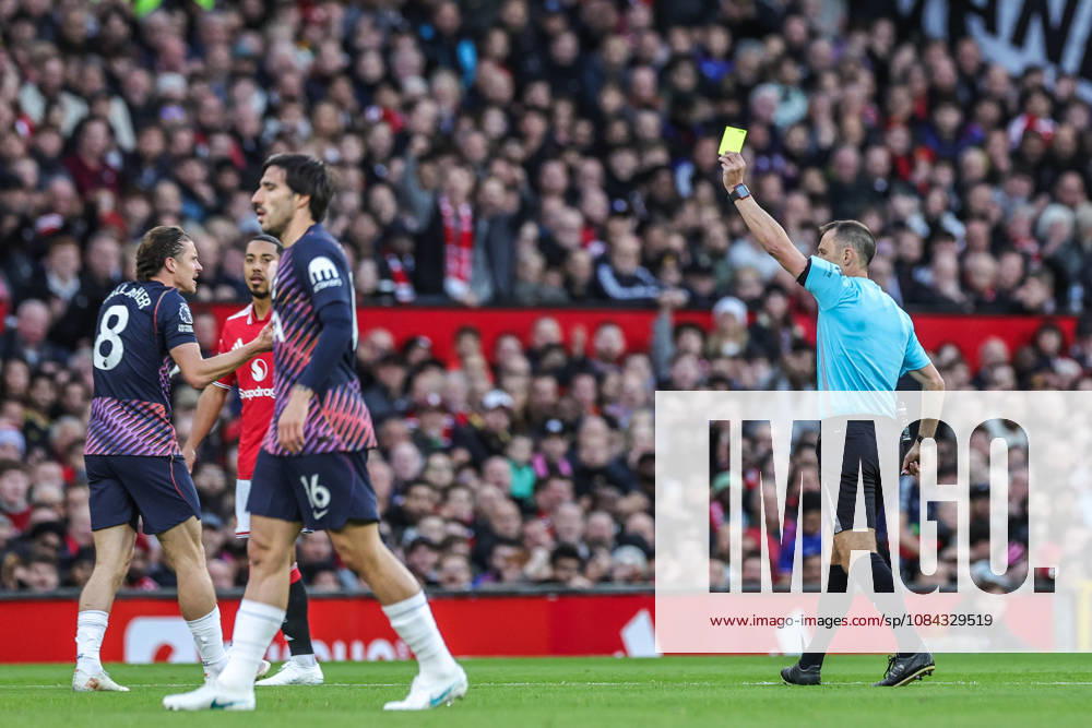 Premier League: Manchester United, ManU v Tottenham Hotspur Referee Stuart Attwell gives a yellow card to Conor Gallagher of Tottenham Hotspur during the Premier League match Manchester United vs Tottenham Hotspur at Old Trafford, Manchester, United Kingdom on 10 October 2026 (Photo by Mark Cosgrove News Images) Manchester Old Trafford Greater Manchester United Kingdom