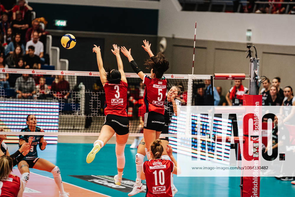 Im Bild: Block durch Allianz MTV Stuttgart 10.10.2026, Dresdner SC - Allianz MTV Stuttgart, DEKRA 1. Bundesliga Frauen, Volleyball, Deutschland, Dresden, Cyberport Arena