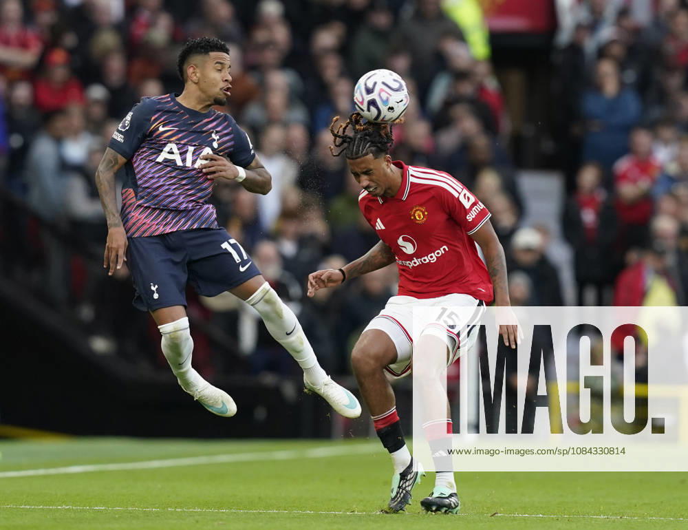 Manchester, England, 10th October 2026. Savio of Tottenham in action with Leny Yoro of Manchester United, ManU during the Manchester United vs Tottenham Hotspur Premier League match at Old Trafford, Manchester. Picture credit should read: Andrew Yates Sportimage . SPI_027_AY_MANUTD_SPURS SPI-5058-0027
