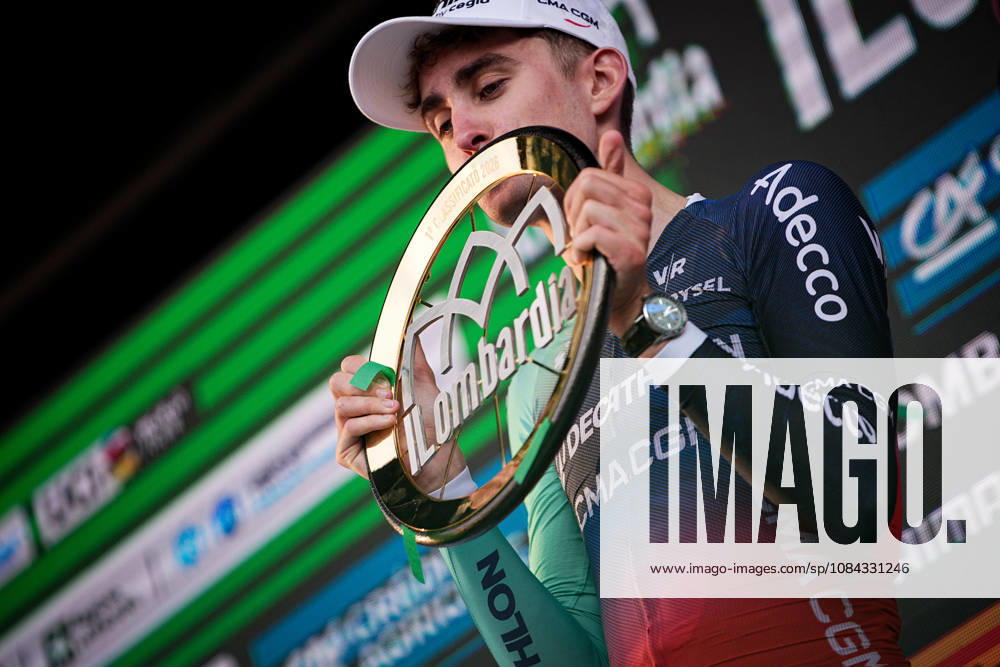 France s Paul Seixas of Decathlon CMA CGM Team celebrate on the podium after the 120th edition of the Il Lombardia, Tour of Lombardy cycling race, a 239 km one day race from Bergamo to Como on October 10, 2026, Italy.