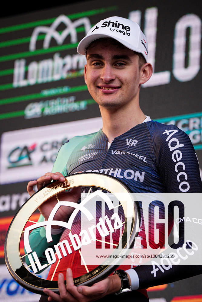 France s Paul Seixas of Decathlon CMA CGM Team celebrate on the podium after the 120th edition of the Il Lombardia, Tour of Lombardy cycling race, a 239 km one day race from Bergamo to Como on October 10, 2026, Italy.