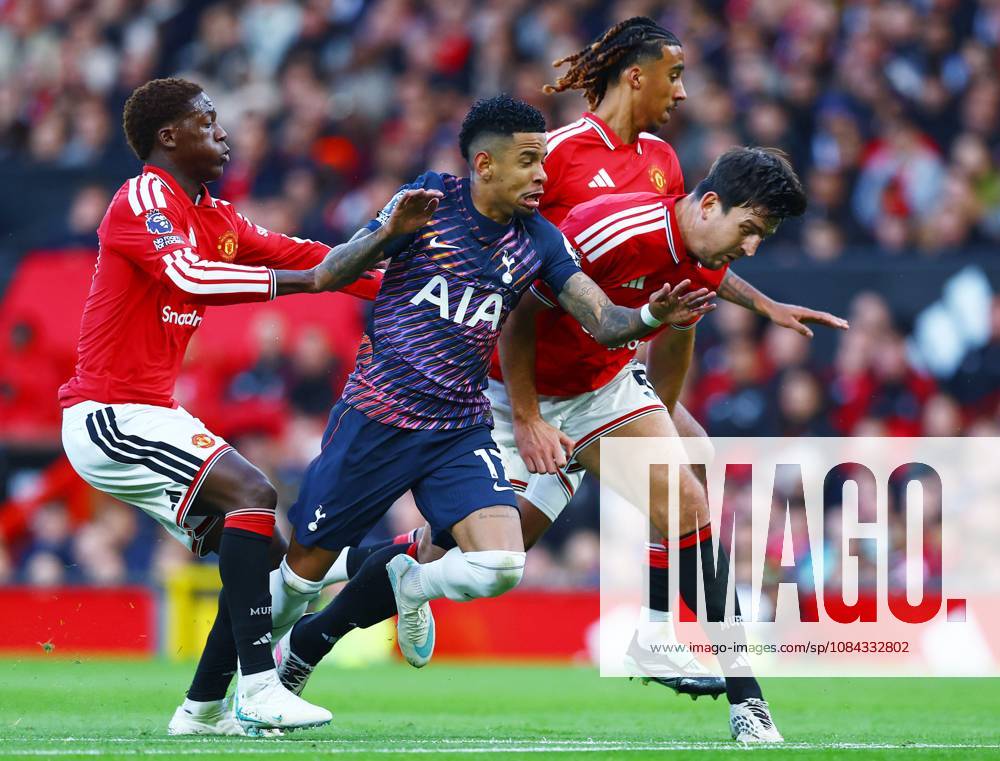 Savio of Tottenham Hotspur with Harry Maguire and Kobbie Mainoo of Manchester United, ManU Manchester United v Tottenham Hotspur, Premier League, Football, Old Trafford, Manchester, UK - 10 Oct 2026Manchester Old Trafford United Kingdom