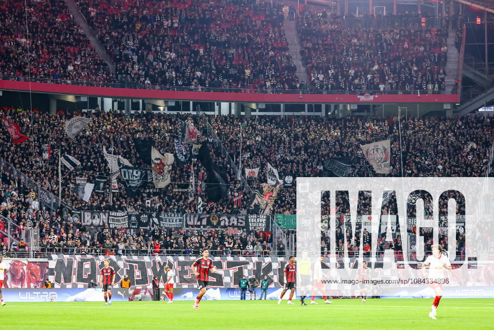 Gaesteblock, Fans Frankfurt, Fahnen, GER, RB Leipzig vs. Eintracht Frankfurt, Fussball, 1. Bundesliga Herren, 5. Spieltag, Spielzeit 2026 2027, 10.10.2026 DFL regulations prohibit any use of photographs as image sequences and or quasi-video. GER, RB Leipzig vs. Eintracht Frankfurt, Fussball, 1. Bundesliga Herren, 5. Spieltag, Spielzeit 2026 2027, 10.10.2026 Leipzig