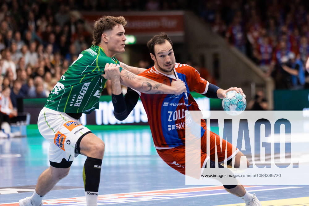 Domikin CLAUS (SG BBM Bietigheim, 07) im Zweikampf gegen Victor KLOEVE (FRISCH AUF! Goeppingen, 07) GER, FRISCH AUF! Goeppingen vs. SG BBM Bietigheim, Handball, Bundesliga, OPEL HBL, 8. Spieltag, Spielzeit 2026 2027, 10.10.2026, GER, FRISCH AUF! Goeppingen vs. SG BBM Bietigheim, Handball, Bundesliga, OPEL HBL, 8. Spieltag, Spielzeit 2026 2027, 10.10.2026, Goeppingen