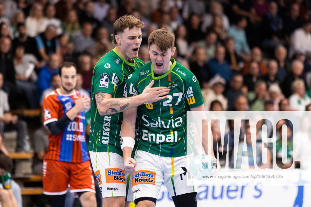Victor KLOEVE (FRISCH AUF! Goeppingen, 07) und Oskar SUNNEFELDT (FRISCH AUF! Goeppingen, 27) Jubel, Freude, Leidenschaft, Erfolg, Emotion, Begeisterung, positive Emotionen GER, FRISCH AUF! Goeppingen vs. SG BBM Bietigheim, Handball, Bundesliga, OPEL HBL, 8. Spieltag, Spielzeit 2026 2027, 10.10.2026, GER, FRISCH AUF! Goeppingen vs. SG BBM Bietigheim, Handball, Bundesliga, OPEL HBL, 8. Spieltag, Spielzeit 2026 2027, 10.10.2026, Goeppingen