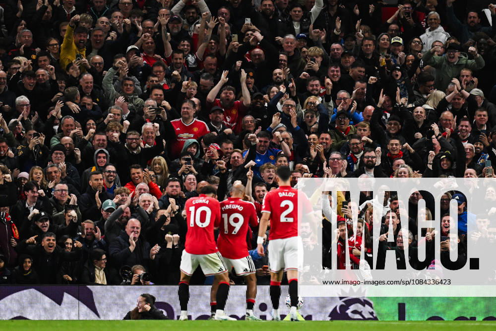 MANCHESTER, ENGLAND, OCT 10: Bryan Mbeumo of Manchester United, ManU celebrates scoring his sides first goal with spectators during the Premier League match between Manchester United and Tottenham Hotspur at Old Trafford in Manchester, England (Will Palmer Sports Press Photo)