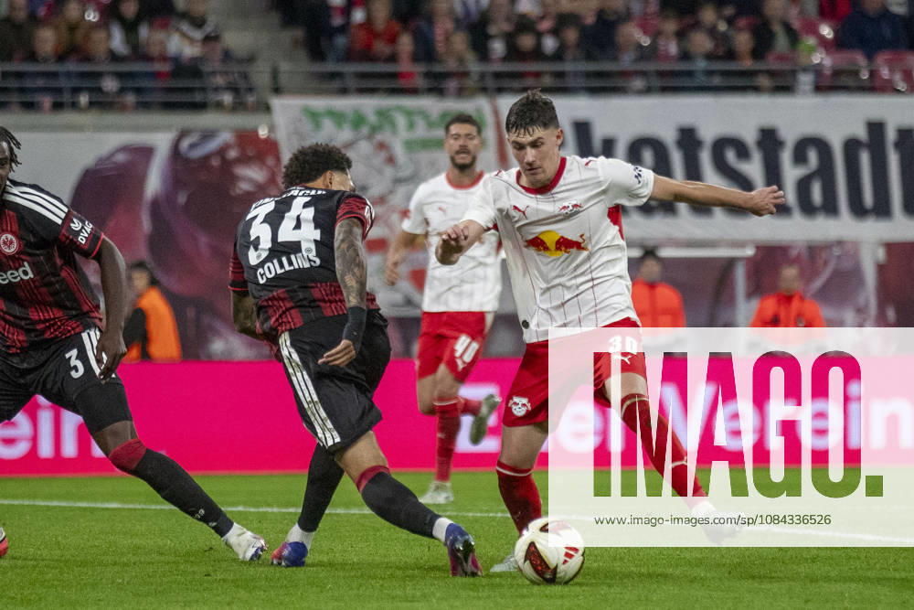 GER, Leipzig, Fussball, Bundesliga, 5. Spieltag, RB Leipzig vs. Eintracht Frankfurt im Bild v.l.: Nnamdi Collins (Eintracht Frankfurt 34), Andrija Maksimovic (RB Leipzig 30), Zweikampf 10.10.2026, Red-Bull Arena Leipzig DFL DFB REGULATIONS PROHIBIT ANY USE OF PHOTOGRAPHS AS IMAGE SEQUENCES AND OR QUASI-VIDEO, Leipzig Red-Bull Arena Sachsen Germany