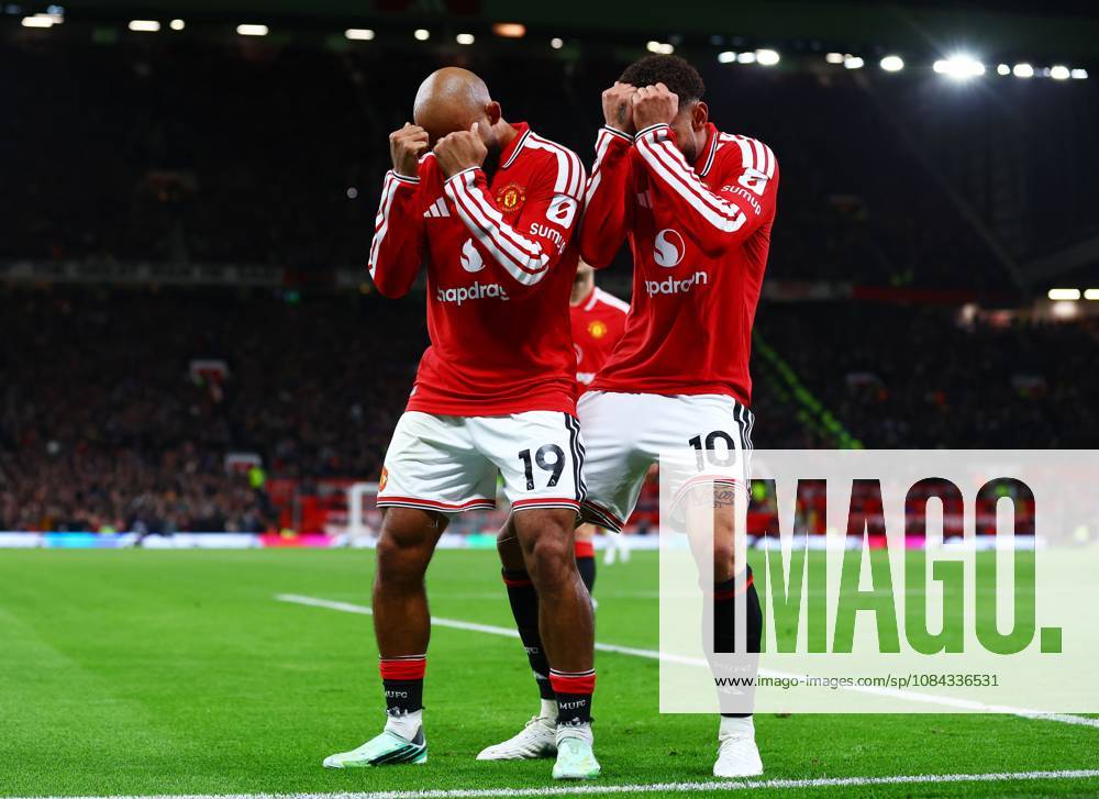 Bryan Mbeumo of Manchester United, ManU celebrates scoring the opening goal with Matheus Cunha Manchester United v Tottenham Hotspur, Premier League, Football, Old Trafford, Manchester, UK - 10 Oct 2026Manchester Old Trafford United Kingdom