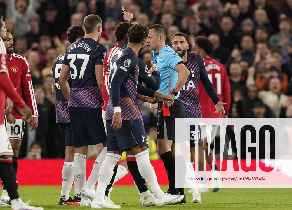 Manchester, England, 10th October 2026. Rodrigo Bentancur of Tottenham Hotspur is sent off during the Manchester United, ManU vs Tottenham Hotspur Premier League match at Old Trafford, Manchester. Picture credit should read: Andrew Yates Sportimage . SPI_046_AY_MANUTD_SPURS SPI-5058-0046