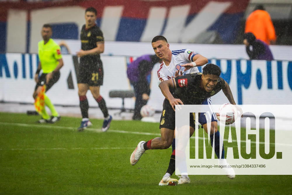 SuperSport HNL, round 09: HNK Hajduk Split v GNK Dinamo Zagreb Michele Sego of HNK Hajduk Split and Paul Tabinas of GNK Dinamo Zagreb during the SuperSport HNL 2026. 2027. round 09 match between HNK Hajduk Split and GNK Dinamo Zagreb at Poljud Stadium in Split, Croatia on October 10, 2026. ZvonimirxBarisin PIXSELL