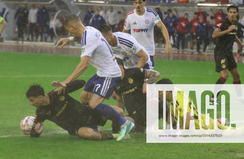 SuperSport HNL, round 09: HNK Hajduk Split v GNK Dinamo Zagreb Iker Almena of GNK Dinamo Zagreb, Dario Melnjak and Toni Silic of HNK Hajduk Split during the SuperSport HNL 2026. 2027. round 09 match between HNK Hajduk Split and GNK Dinamo Zagreb at Poljud Stadium in Split, Croatia on October 10, 2026. IvoxCagalj PIXSELL