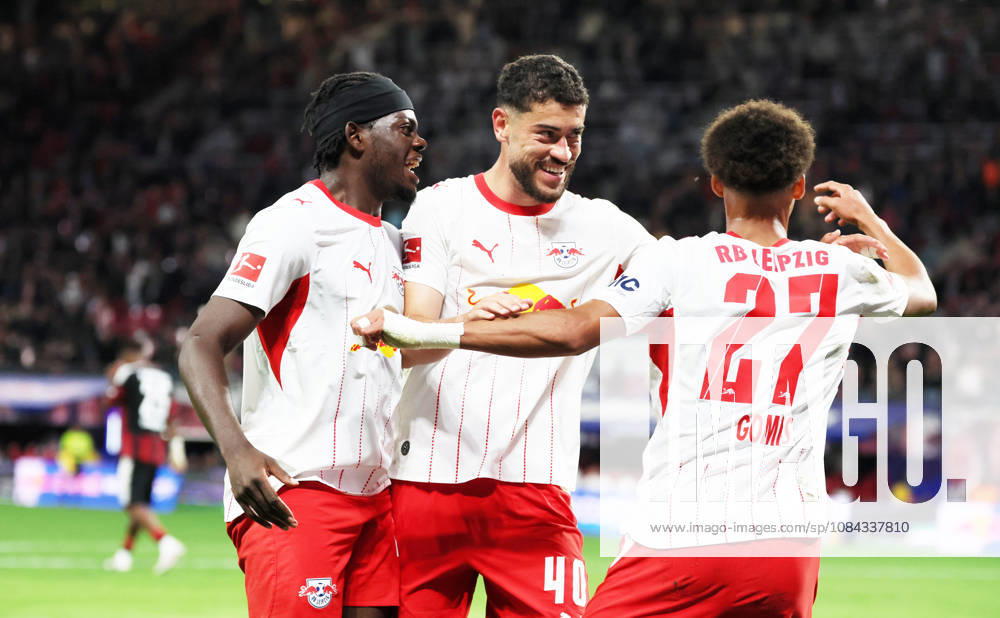 RB Leipzig - Frankfurt Bundesliga Leipzig, 10.10.2026, Red Bull Arena, Fußball, 1.Bundesliga, 5.Spieltag , RB Leipzig vs. SG Eintracht Frankfurt , Im Bild: Tor für RB Leipzig. Tidiam Gomis (27, RB Leipzig) trifft zum 6:0 und jubelt mit Castello Lukeba (23, RB Leipzig), Romulo (40, RB Leipzig). , Nur zur redaktionellen Nutzung. Only editorial use. , DFL DFB regulations prohibit any use of photographs as image sequences and or quasi-video. ,
