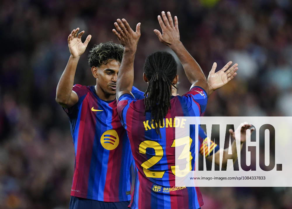 ESP: FC Barcelona, Barca - Getafe CF. La Liga EA Sports. Matchday 8. Jules Kounde of FC Barcelona celebrates the 3-0 with Lamine Yamal during the La Liga EA Sports match between FC Barcelona and Getafe CF played at Spotify Camp Nou Stadium on 10 Oct 2026 in Barcelona, Spain. kpng