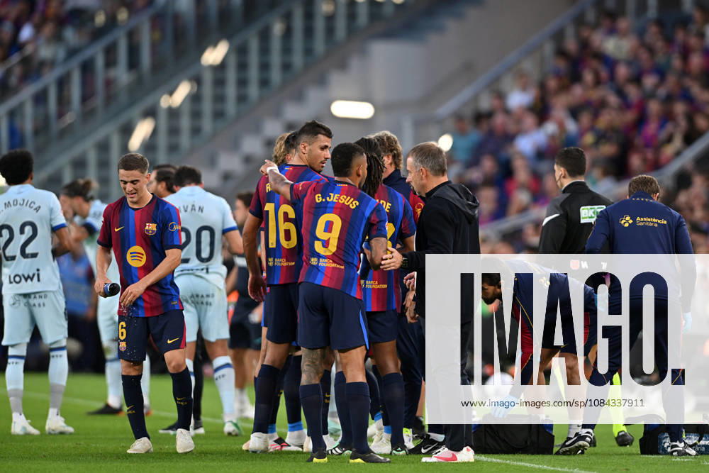 FC Barcelona, Barca v GETAFE CF SPOTIFY CAMP NOU. BARCELONA October 10,2026 FC BARCELONA vs GETAFE CF OCTOBER 10 ,2026 Gabriel Jesus (9) of FC Barcelona, Rodrigo (16) of FC Barcelona and Hansi Flick head coach of FC Barcelona during the match between FC Barcelona and Getafe CF corresponding to the eighth day of La Liga EA Sports at at Spotify Camp Nou in Barcelona, Spain. Barcelona ESP