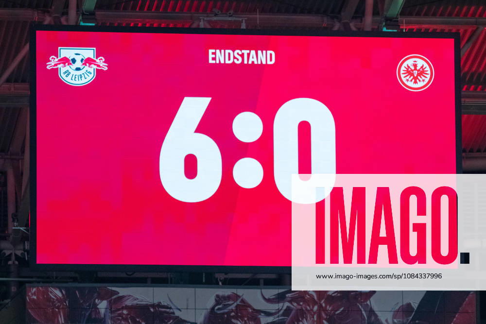 1. Fußball Bundesliga: RB Leipzig - Eintracht Frankfurt; 10.10.2026 Der Endstand von 6:0 für RB Leipzig auf der Anzeigetafel, Videowand. Kantersieg. LEIPZIG, DEUTSCHLAND - OCTOBER 10: Bundesliga-Spiel RB Leipzig - Eintracht Frankfurt in der Red Bull Arena am 5. Spieltag der 1. Bundesliga am October 10, 2026 in Leipzig, Deutschland. DFL REGULATIONS PROHIBIT ANY USE OF PHOTOGRAPHS AS IMAGE SEQUENCES AND OR QUASI-VIDEO.