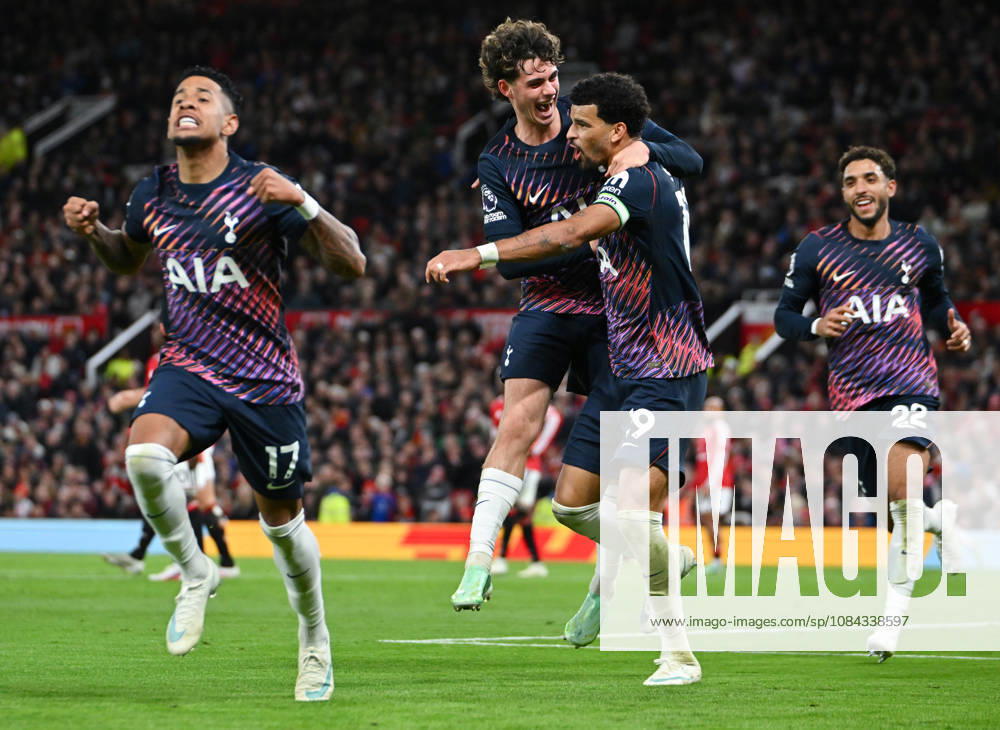 MANCHESTER, ENGLAND, OCT 10: Dominic Solanke (R) of Tottenham Hotspur celebrates with teammate Archie Gray after scoring his sides first goal during the Premier League match between Manchester United, ManU and Tottenham Hotspur at Old Trafford in Manchester, England (Will Palmer Sports Press Photo)