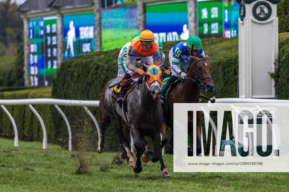 Merlin Monroan (6) ridden by Tyler Gaffalione wins an allowance race on QE II Day at Keeneland Race Course in Lexington, Kentucly on October 10, 2026. Eclipse Sportswire CSM HORSE RACING 2026: QEII GI Day Keeneland OCT 10 - ZUMAcs17 20261010_faf_cs17_004