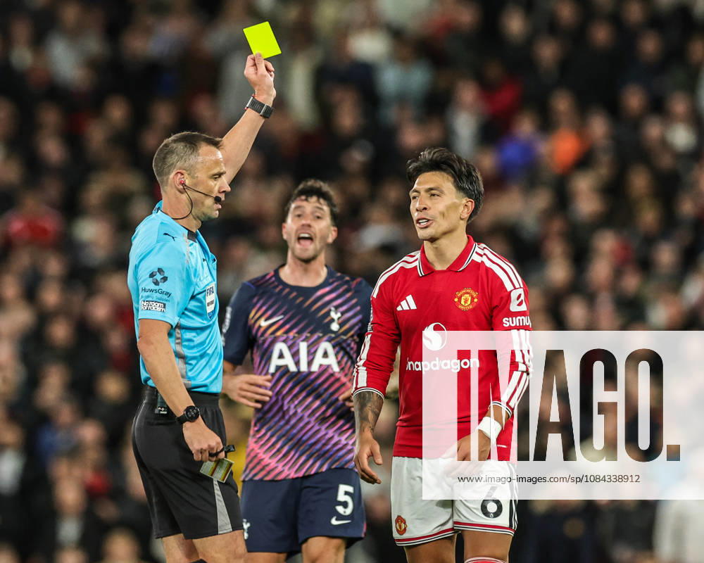 Premier League: Manchester United, ManU v Tottenham Hotspur Referee Stuart Attwell gives a yellow card to Lisandro Martinez of Manchester United during the Premier League match Manchester United vs Tottenham Hotspur at Old Trafford, Manchester, United Kingdom on 10 October 2026 (Photo by Mark Cosgrove News Images) Manchester Old Trafford Greater Manchester United Kingdom