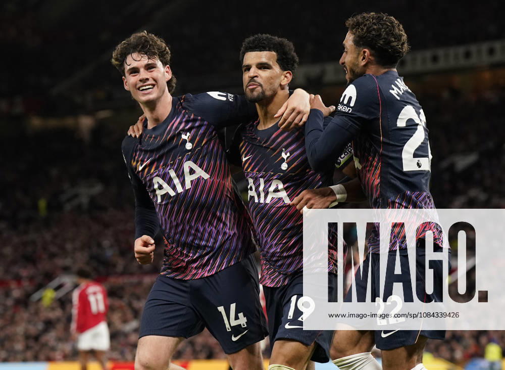 Manchester, England, 10th October 2026. Dominic Solanke of Tottenham Hotspur (C) celebrates after scoring with Archie Gray of Tottenham Hotspur (L) and Omar Marmoush of Tottenham Hotspur during the Manchester United, ManU vs Tottenham Hotspur Premier League match at Old Trafford, Manchester. Picture credit should read: Andrew Yates Sportimage . SPI_049_AY_MANUTD_SPURS SPI-5058-0051