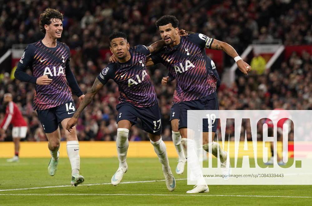 Manchester, England, 10th October 2026. Dominic Solanke of Tottenham Hotspur (R) celebrates after scoring during the Manchester United, ManU vs Tottenham Hotspur Premier League match at Old Trafford, Manchester. Picture credit should read: Andrew Yates Sportimage . SPI_052_AY_MANUTD_SPURS SPI-5058-0049